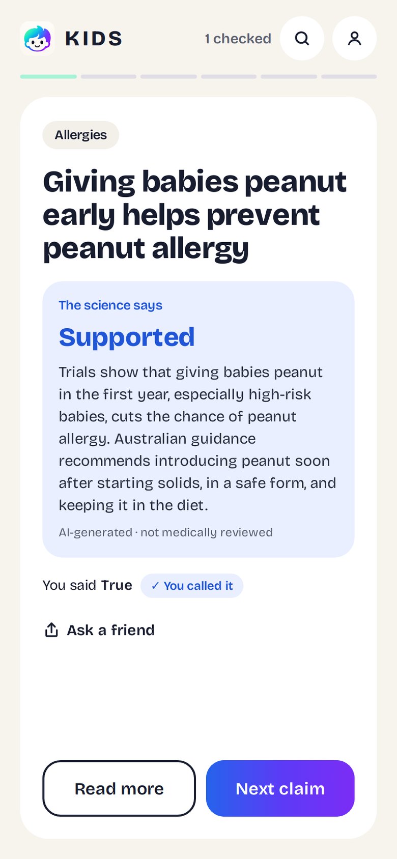 The KIDS app showing a claim about peanut allergy with the verdict Supported